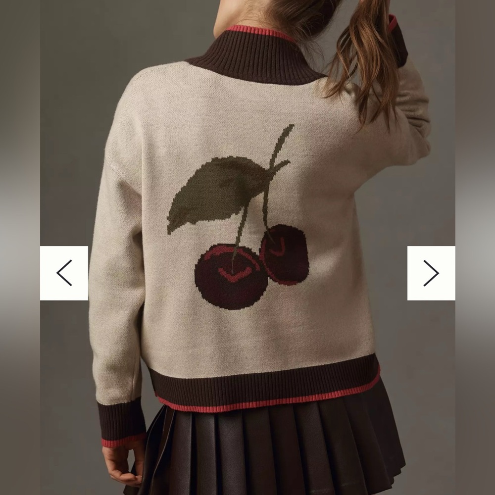 Anthropologie Maeve The Montana Mock-Neck Half-Zip Sweater Cherry Graphic size S